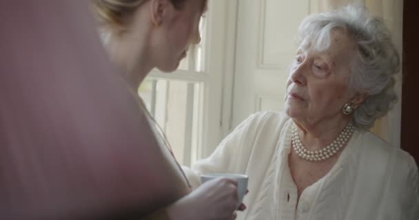 Multigeneration kvinnor pratar tillsammans. Senior mormor kvinna leende med hennes barnbarn besöker nära fönster dricka te eller kaffe. Vita hår äldre mormor hemma. 4K slow motion — Stockvideo