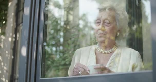 Senior oma vrouw drinken kopje thee of koffie in de buurt venster op zoek buiten bezorgd of verdrietig of denken. Mooie witte haren ouderen grootmoeder portret thuis. Uitzicht vanaf de buitenkant. Slow motion-video — Stockvideo