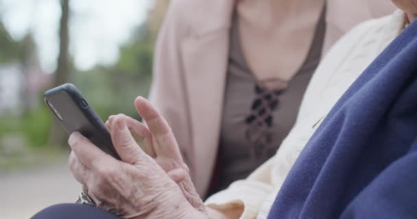 Frau und ältere Großmutter mit Smartphone-Gerät im Park.Enkelin und Oma im Gespräch mit mobile.active, fürsorgliche, liebevolle Menschen Beziehung.Zeitlupenvideo — Stockvideo