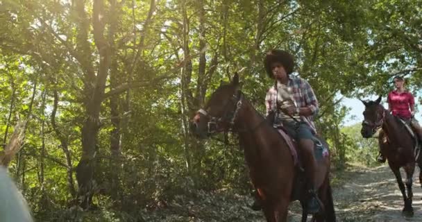 Fyra aktiva människor rida hästar på en solig utomhus vild skog fält. Vänner italiensk resa i Umbrien. 4K slow motion — Stockvideo