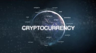 Fütüristik terazi sosyal ağ kriptopara odaklı kelimeler bulut mavi modern animasyon döngü. 3d teknoloji dünya uzaydan kelime blockchain, para gibi ayarlayın. Kripto iş konsepti. Döngüye tabi 4k video
