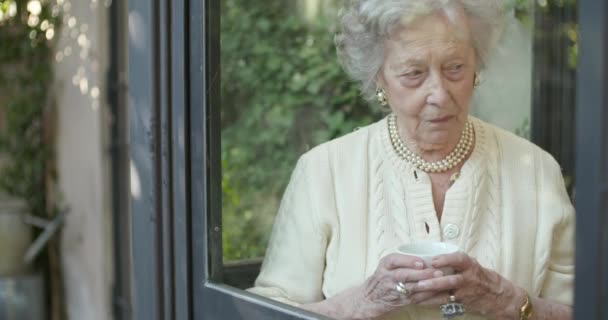 Senior nagymama nő élvezi iszik csésze teát vagy kávét közelében ablakot keres kívül. Gyönyörű fehér haja idős nagymama portré otthon. Kilátás a kerti reflexiók. 4k lassú mozgás videó — Stock videók