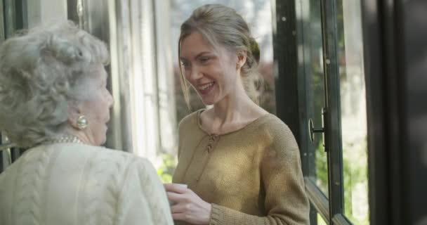 Mujeres multigeneracionales hablando juntas. Nieta mujer sonriendo visitando a la abuela mayor cerca de la ventana del jardín bebiendo té o café.Pelo blanco abuela anciana en casa.cámara lenta — Vídeo de stock