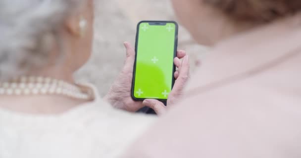 Display del dispositivo smartphone schermo verde utilizzato da donna e nonna anziana a park.Nipote e nonna a parlare insieme con mobile.Active, premuroso, amare le persone relationship. — Video Stock
