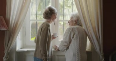 Çok nesilli kadınlar birlikte konuşuyor. Yaşlı büyükanne kadın penceresinin yakınında çay veya kahve içme ziyaret torunu ile gülümseyen. Evde beyaz saçlı yaşlı büyükanne.4k yavaş hareket