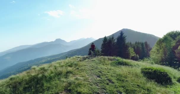 夏晴れの日に森のトレイルに沿ってマウンテンバイクに乗ってスマートフォンで写真を撮るバイカー。クロスカントリーバイカー。トラックトレイル上のMtbバイクの空中でスマートフォンを使用している男。モバイルを使用している男性 — ストック動画