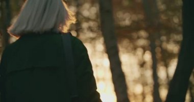 Gün batımında ormanda yürüyen bir kadın kameraya bakıyor. Gerçek bir yetişkin kadın sonbahar ormanında güneş batarken tek başına dönüyor. 4k ağır çekim kadın doğada yürüyor. Sonbahar orman renkleri
