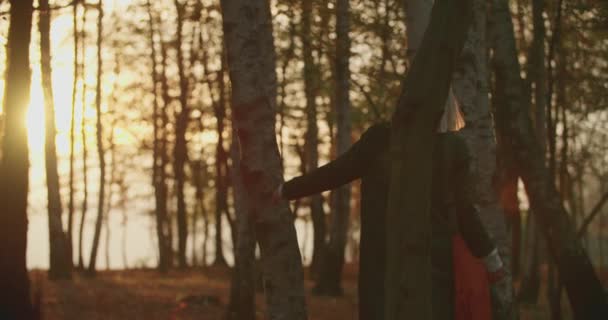 Donna che cammina attraverso la foresta al tramonto.Vera giovane donna adulta da sola nella foresta autunnale con il tramonto. 4k rallentatore donna a piedi nel bosco . — Video Stock