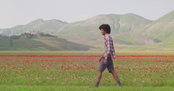 赤い花畑の近くを2人で歩いてる。外を歩いている間に女性は肩に飛びつく。幸せな女性ジャンプ上の男冗談と楽しむ屋外ハイキング — ストック動画
