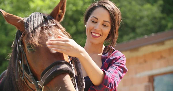 晴れた日に外で茶色の馬を撫でて愛撫美しい女性。 — ストック写真