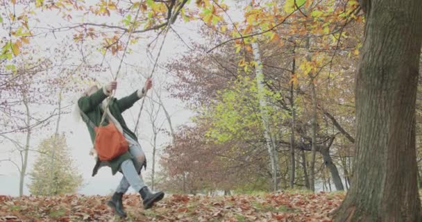 Jeune et belle femme se balançant comme une adolescente dans un parc en automne. Au ralenti. Femme se balançant près d'un arbre dans le parc. — Video