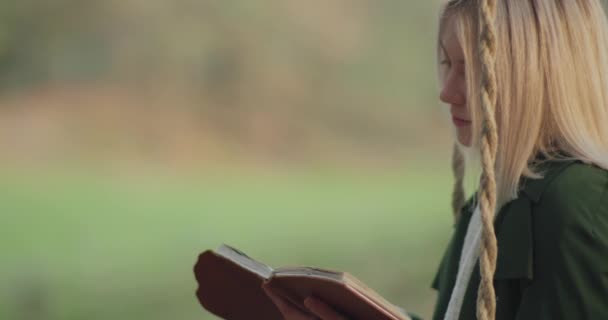 Mulher nova lê um livro em um balanço em um parque no outono.Mulher bonita que sorri quando olha o por do sol atrás de suas costas. — Vídeo de Stock