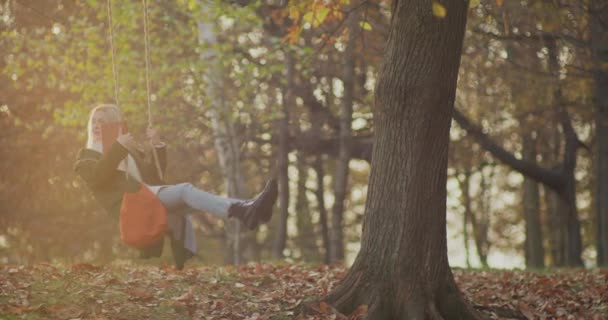 Bir ağacın altındaki parkta sallanan genç bir kadın. Güzel bir kadın doğada eğlenir. Sonbahar mevsimi, günbatımı, rüzgar saçlarını dalgalandırıyor. — Stok video