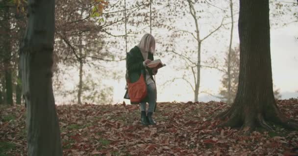 Genç bir kadın romantik bir sonbahar yolculuğunda büyük bir ağacın altında kitap okur. Yavaş çekimde. — Stok video