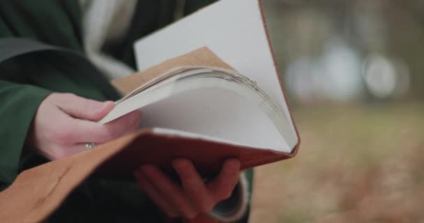 Genç bir kadın, anılarını geri getirmek için günlüğünü açıp karıştırıyor. Sonbaharda biraz nostalji. Yavaş çekim. — Stok video