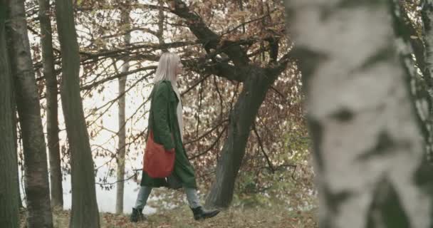Vista lateral de la joven mujer caminando sola en un bosque o en un parque para restaurarse, jugando con el árbol para recordar su infancia. cámara lenta — Vídeo de stock