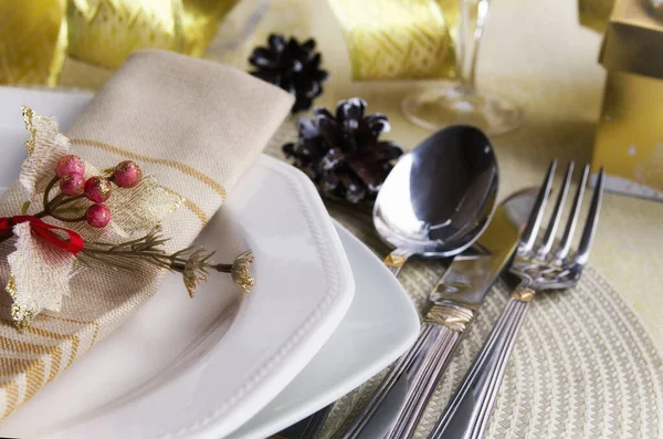 Beautiful Decoration Festive Dinner Christmas Table Settings Gold Tone Cutlery — Stock Photo, Image