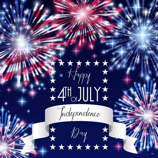 Július 4, szórólap, meghívó, sablon vagy Banner design nemzeti zászló és csillogó tűzijáték amerikai függetlenség ünnepe. — Stock Vector