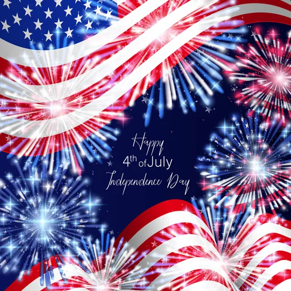 4 de julio, celebración del Día de la Independencia Americana Flyer, Banner, Plantilla o Diseño de Invitación con Bandera Nacional y Fuegos Artificiales Brillantes . — Archivo Imágenes Vectoriales