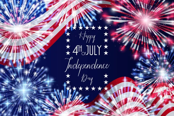 4 de julho, celebração do Dia da Independência Americana Flyer, Banner, Template ou Design de Convite com Bandeira Nacional e Fogos de Artifício Espumantes . —  Vetores de Stock