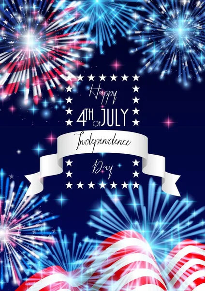 Július 4, szórólap, meghívó, sablon vagy Banner design nemzeti zászló és csillogó tűzijáték amerikai függetlenség ünnepe. — Stock Vector