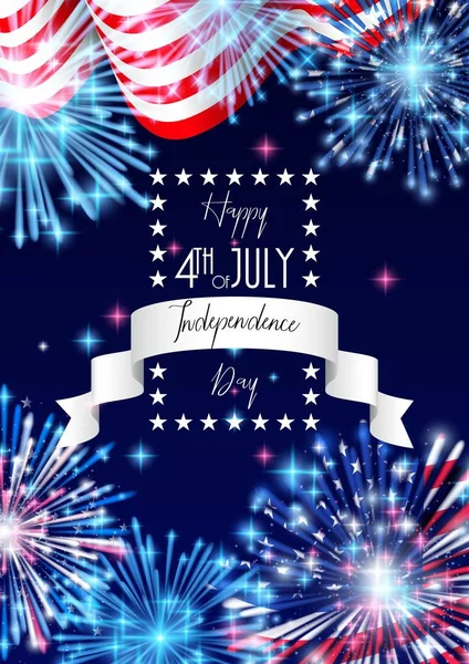 4 juillet, célébration de la fête de l'indépendance américaine Flyer, bannière, modèle ou invitation avec drapeau national et feux d'artifice étincelants . — Image vectorielle