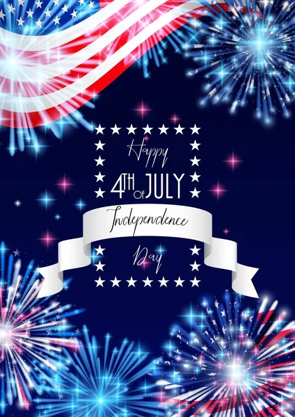 Július 4, szórólap, meghívó, sablon vagy Banner design nemzeti zászló és csillogó tűzijáték amerikai függetlenség ünnepe. — Stock Fotó