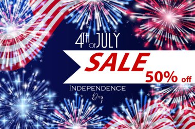 4 Temmuz, Amerikan Bağımsızlık günü Satılık kutlama ulusal bayrak ve parlak havai fişek el ilanı, afiş, şablon veya davetiye tasarımı.