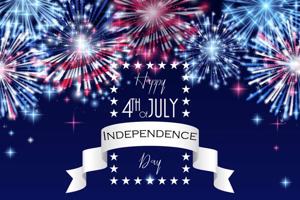 7月4日, 美国独立日庆典传单, 旗帜, 模板或邀请设计与国旗和波光粼粼的烟花. — 图库矢量图片#