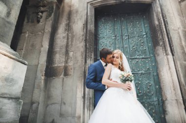 Mükemmel bir çift gelin ve damat düğün günlerinde poz verip öpüşürler.