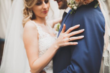 Mükemmel bir çift gelin ve damat düğün günlerinde poz verip öpüşürler.