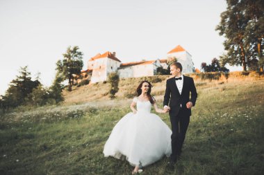 İnanılmaz mutlu nazik stil güzel romantik beyaz çift arka planda antik barok kalesinde