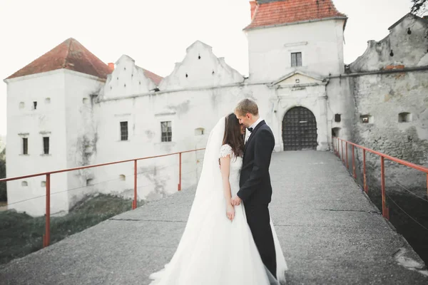 Şehvetli evli çift, eski Slav kalesinin önünde sevgililer günü kucaklaşması. — Stok fotoğraf