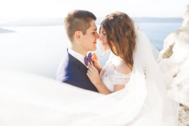 Şık, şık, mutlu bir düğün çifti, gelin, deniz ve gökyüzünün arka planında muhteşem bir damat..