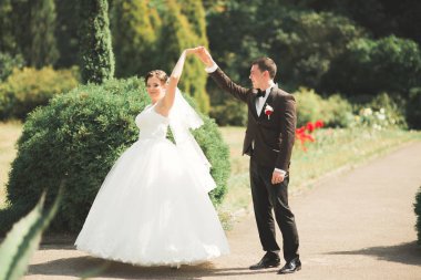 Parkta poz veren zarif beyaz elbiseli güzel gelin.