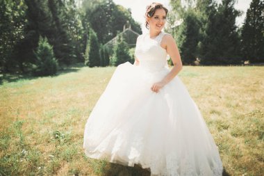 Parkta mükemmel bir elbiseyle dönen güzel gelin.