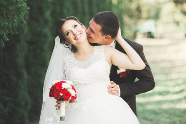 Yeni evli çift el ele tutuşurken parkta koşup zıplıyorlar.