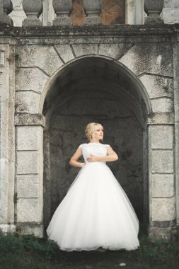 Parkta poz veren gelinlikli güzel, lüks bir gelin.