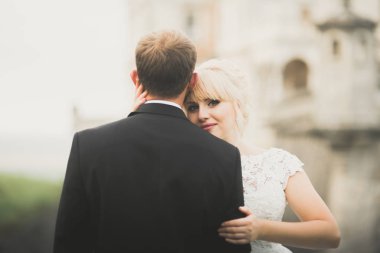 Bahar mevsiminde öpüşen düğün çifti. Yakın plan portre.