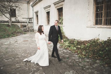 Şehvetli evli çift, eski Slav kalesinin önünde sevgililer günü kucaklaşması.