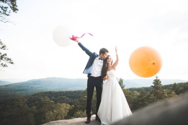 Muhteşem gelin, damat öpüşme ve sarılma Gösterim çarpıcı uçurum yakın: