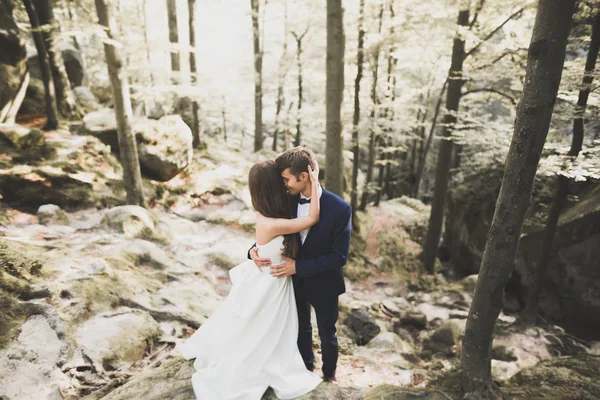 Preciosa novia, novio besándose y abrazándose cerca de los acantilados con impresionantes vistas —  Fotos de Stock