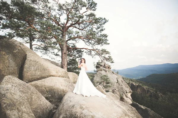 Bella sposa con un bouquet in posa nella foresta con rocce. All'aperto — Foto Stock