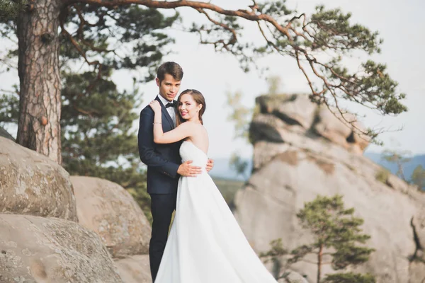 Preciosa novia, novio besándose y abrazándose cerca de los acantilados con impresionantes vistas —  Fotos de Stock