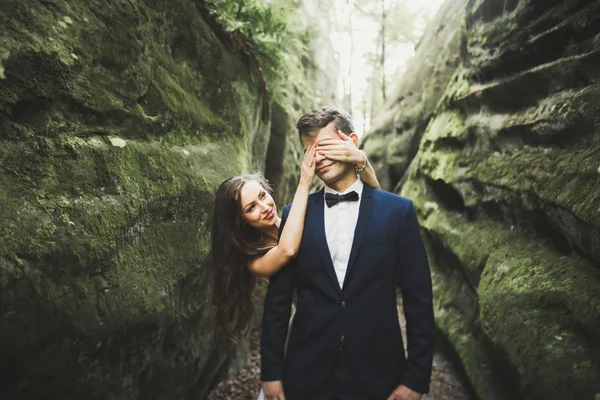Hermosa pareja feliz boda joven posando sobre un fondo de acantilado de roca — Foto de Stock
