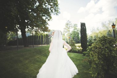 Gelinlik içinde dışarıda poz veren güzel gelin.