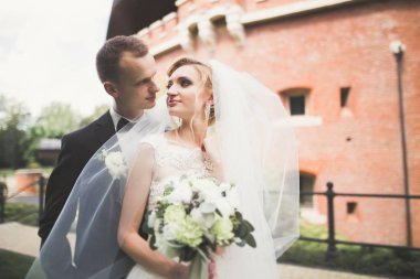 Güzel, mutlu bir düğün çifti, güzel şehirde uzun beyaz elbiseli bir gelin..