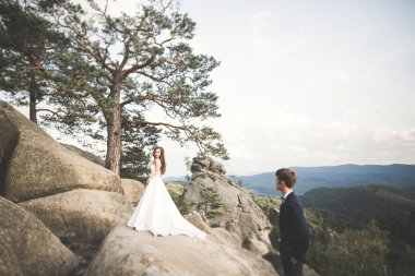 Güzel düğün çift, gelin ve damat, arka planda dağların aşık
