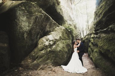 Muhteşem gelin, damat öpüşme ve sarılma Gösterim çarpıcı uçurum yakın: