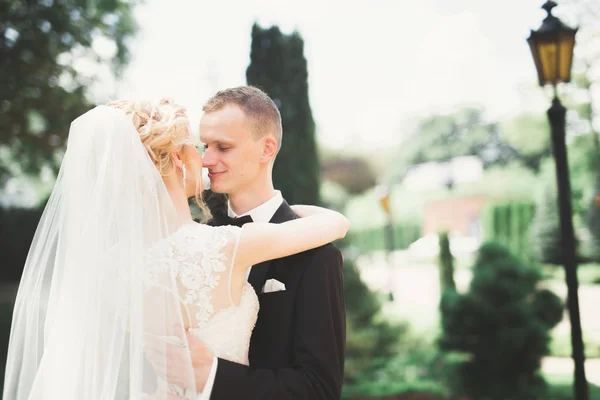 Couple élégant de jeunes mariés heureux marchant dans le parc le jour de leur mariage avec bouquet — Photo